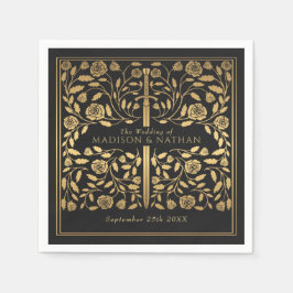 Serviette En Papier Mariage d'épée d'or médiévale noire