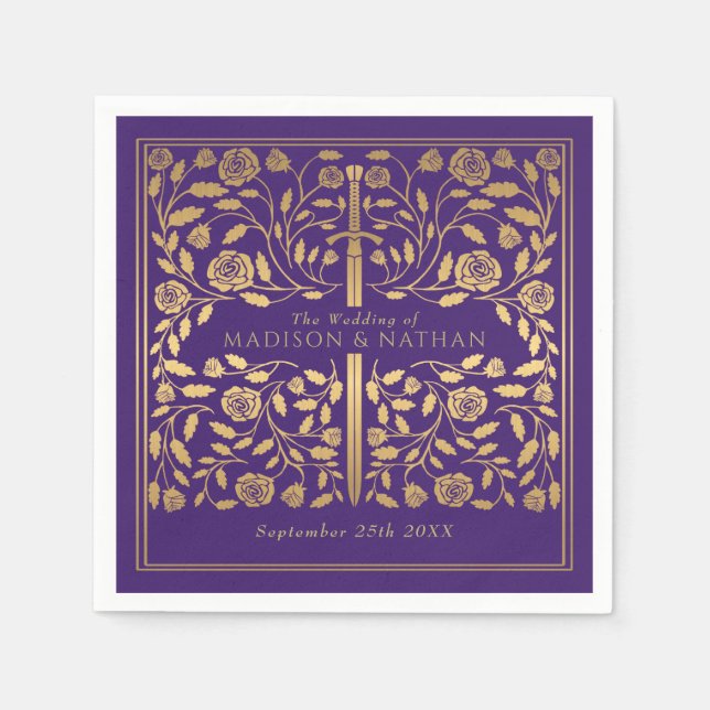 Serviette En Papier Mariage d'épée d'or violet Royal Medieval (Devant)