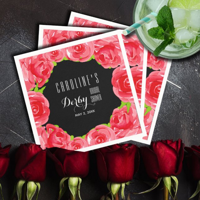 Serviette En Papier Mariage Derby Fleurs Roses Rouges Aquarelle (Watercolor Red Roses Derby-Style Bridal Shower Cocktail Napkins)