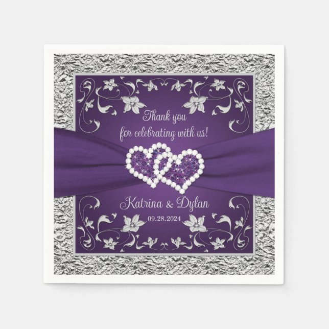Serviette En Papier Mariage des Coeurs d'Amour Violet Gris (Devant)