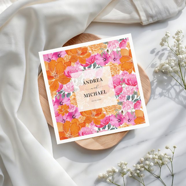 Serviette En Papier Mariage d'été floral rose pâle et orange (Créateur téléchargé)