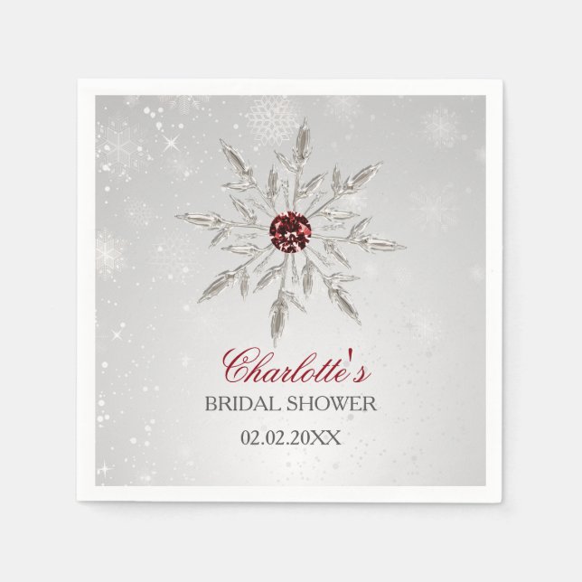 Serviette En Papier Mariage d'hiver Flocons de neige Rouges Argentés (Devant)