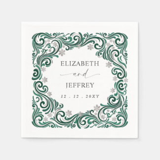 Serviette En Papier Mariage d'hiver flocons de neige vert émeraude arg