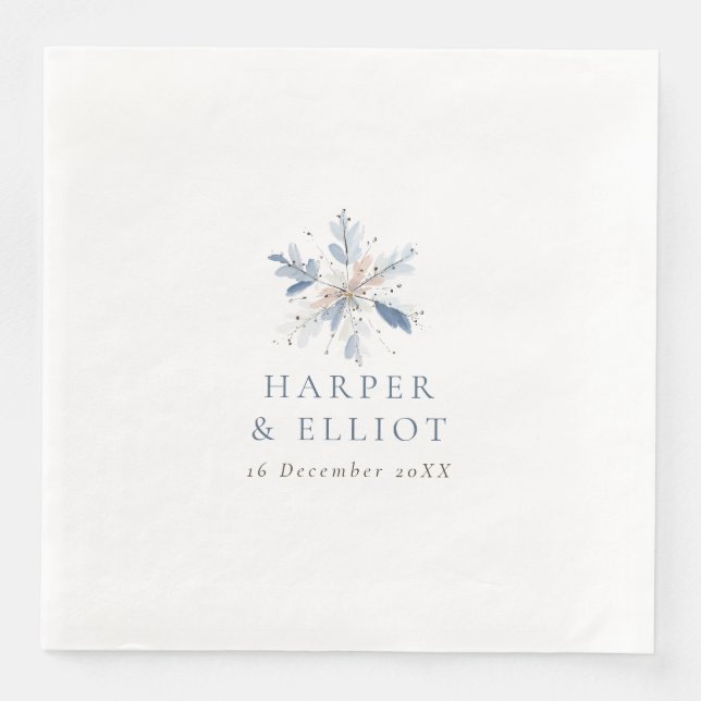 Serviette En Papier Mariage d'hiver moderne flocon de neige bleu (Devant)
