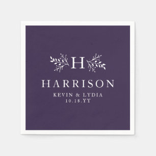 Serviette En Papier Mariage d'hiver rustique monogramme prune violet d