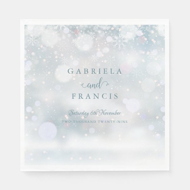 Serviette En Papier Mariage d'hiver Snowflakes Élégant Script (Devant)