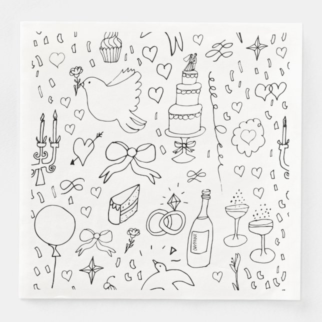 Serviette En Papier Mariage d'illustrations de Doodle en noir et blanc (Devant)