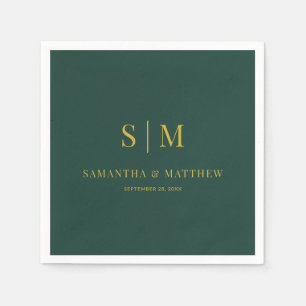 Serviette En Papier Mariage d'initiaux simples vert et or