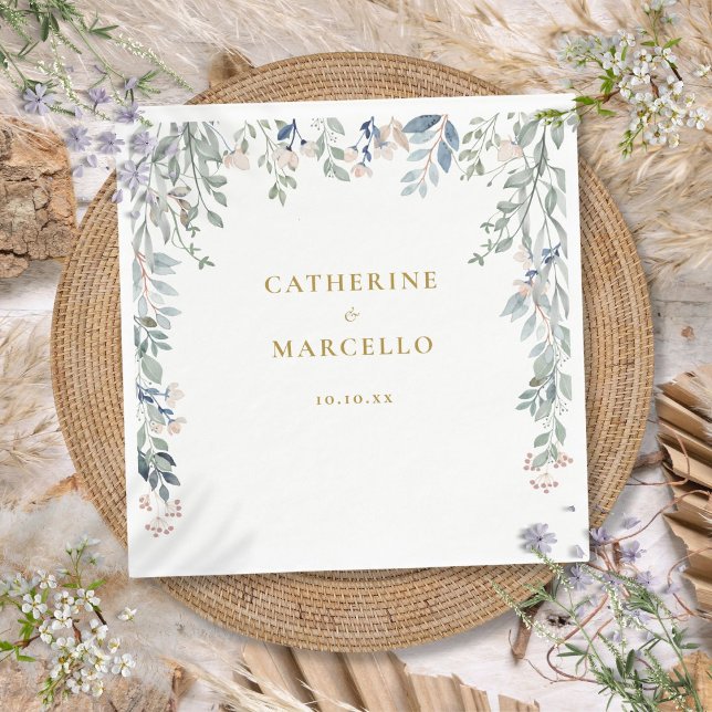 Serviette En Papier Mariage d'or Fleur sauvage de verdure (Greenery Floral Wildflowers Gold Wedding Napkins)