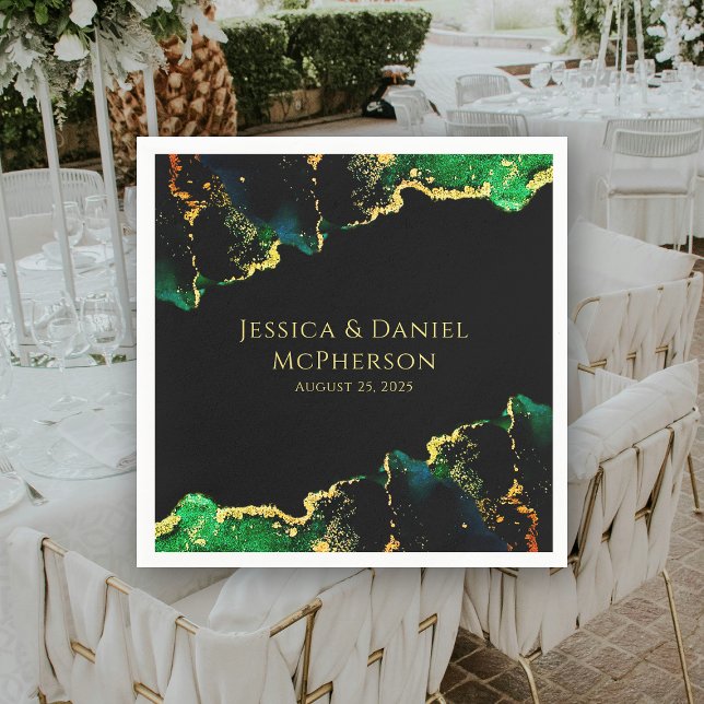 Serviette En Papier Mariage d'or noir Abstrait unique (Unique Abstract Green Black Gold Wedding Napkins)