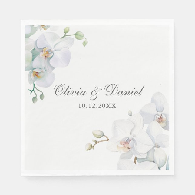 Serviette En Papier Mariage d'orchidée blanche élégant moderne (Devant)