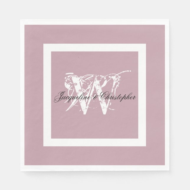 Serviette En Papier Mariage Dusty rose Élégant Monogramme + Noms papie (Devant)