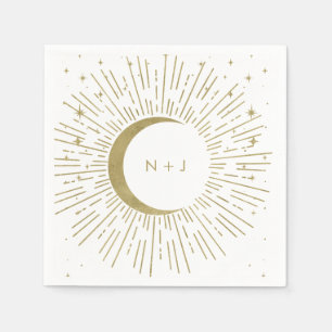 Serviette En Papier Mariage Éclat de Soleil Céleste Étoiles et Lune Bl