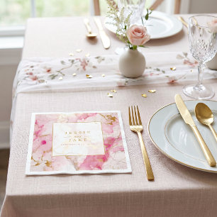 Serviette En Papier Mariage effet marbre rose et or