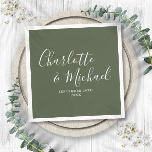 Serviette En Papier Mariage élégant à l'écriture signature Vert olive