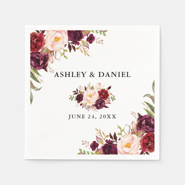 Serviette En Papier Mariage Elégant aquarelle Bourgogne Floral (Devant)