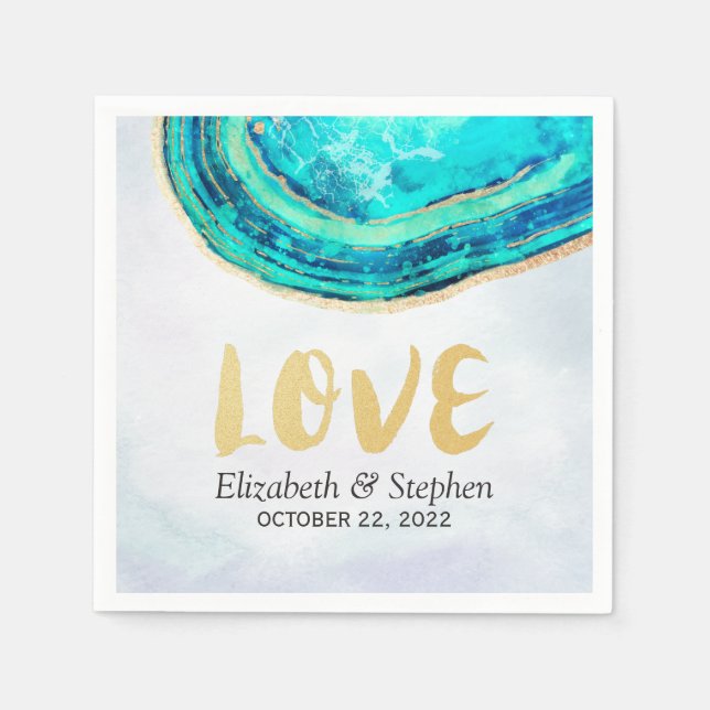 Serviette En Papier Mariage Elegant Aquarelle Turquoise & Gold Agate G (Devant)