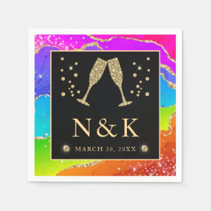 Serviette En Papier Mariage élégant arc-en-ciel paillettes agate et or