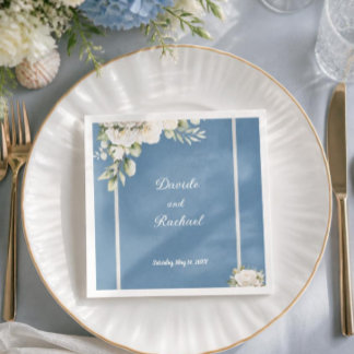 Serviette En Papier Mariage Élégant aux Roses Blanches Bleu Poussiéreu