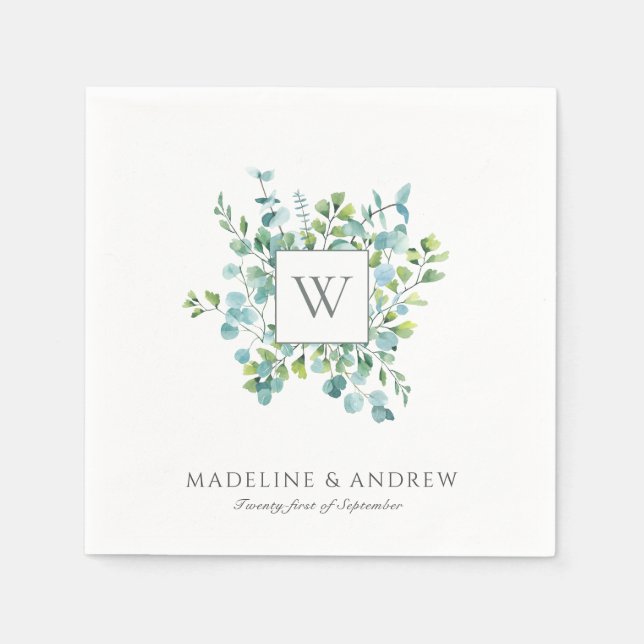 Serviette En Papier Mariage élégant avec monogramme d'eucalyptus (Devant)