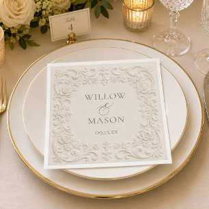 Serviette En Papier Mariage Élégant Baroque Floral Ivory Rinceaux 