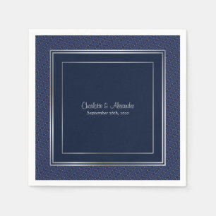 Serviette En Papier Mariage Élégant Bleu Foncé Argent Bordure Monogram