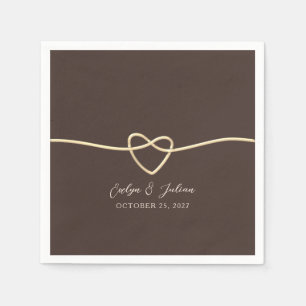 Serviette En Papier Mariage Élégant Brun Moka Or Cœur