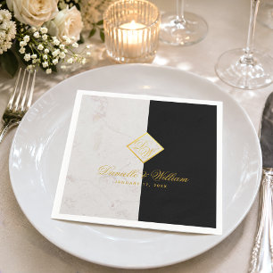 Serviette En Papier Mariage élégant en marbre noir et blanc avec monog