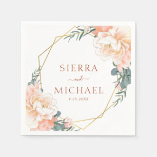 Serviette En Papier Mariage Élégant Fleur Terracotte Or Pêche