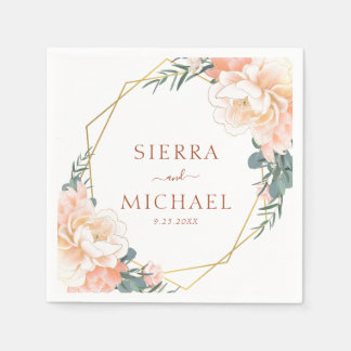 Serviette En Papier Mariage Élégant Fleur Terracotte Or Pêche