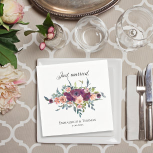 Serviette En Papier Mariage Élégant Fleurs Roses Violettes Juste Marié