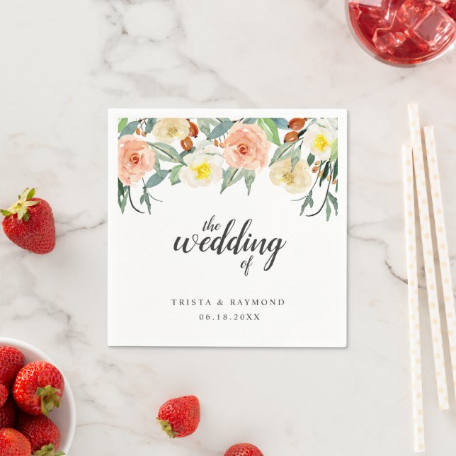 Serviette En Papier Mariage élégant floral de Pêche (En situation)