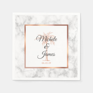 Serviette En Papier Mariage élégant gris rose or palmier marbre