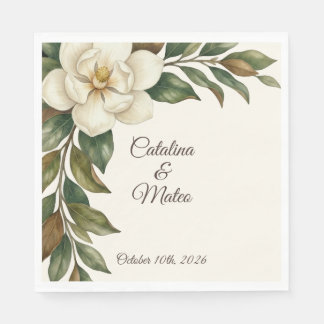 Serviette En Papier Mariage Élégant Magnolia Ivoire