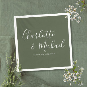 Serviette En Papier Mariage Élégant Minimaliste Vert Olive Signature