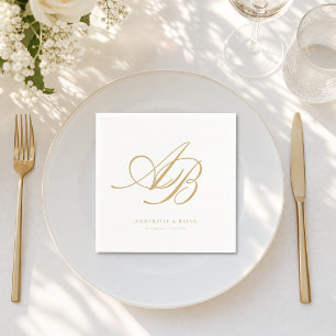 Serviette En Papier Mariage Élégant Monogramme Blanc Beige-Or