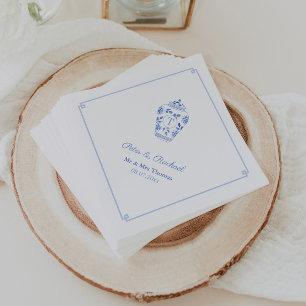 Serviette En Papier Mariage Élégant Monogramme Bleu Blanc Chinoiserie 