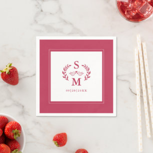 Serviette En Papier Mariage élégant Monogramme Crest Wreath Magenta Ro