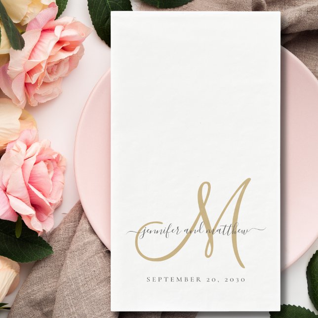 Serviette En Papier Mariage Élégant Monogramme Or Gris Classique Blanc (Créateur téléchargé)