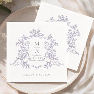 Serviette En Papier Mariage Élégant Monogrammes Crête Florale Lavande