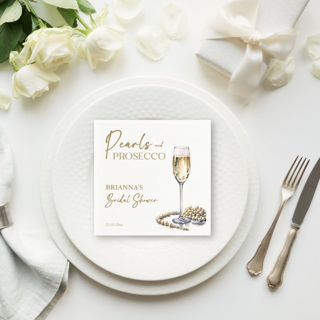 Serviette En Papier Mariage élégant perles et prosecco imprimé (Pearls and prosecco bridal shower elegant monogram printed napkins template personalized tableware)