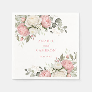 Serviette En Papier Mariage Élégant Rose Pâle Floral Végétal