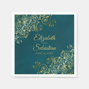 Serviette En Papier Mariage élégant sarcelle foncé filigrane or orné