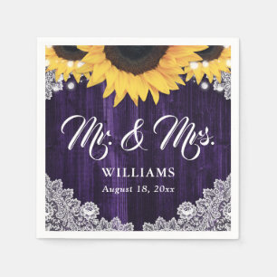 Serviette En Papier Mariage Élégant Tournesol Bois Violet Broderie