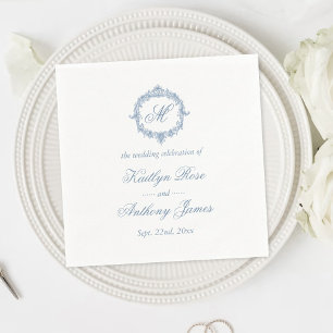 Serviette En Papier Mariage Élégant Vintage Bleu Toile Monogram