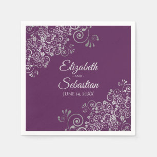 Serviette En Papier Mariage élégant violet prune avec fronces argentée