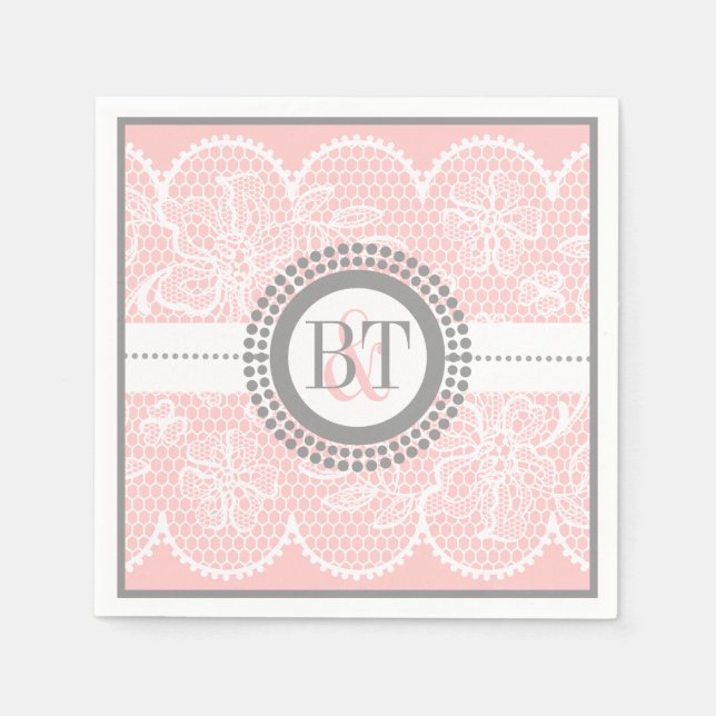Serviette En Papier Mariage en dentelle blanche rose clair (Devant)