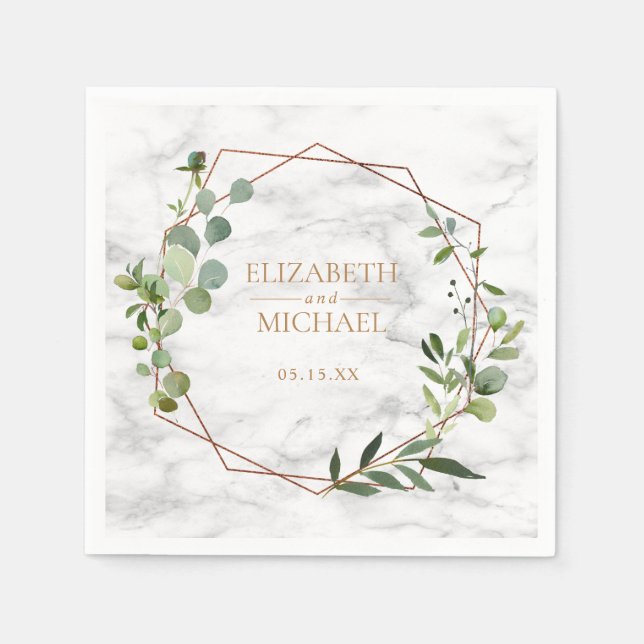 Serviette En Papier Mariage en marbre Eucalyptus géométrique en cuivre (Devant)