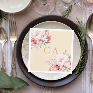 Serviette En Papier Mariage en monogramme beige rose rose pâle