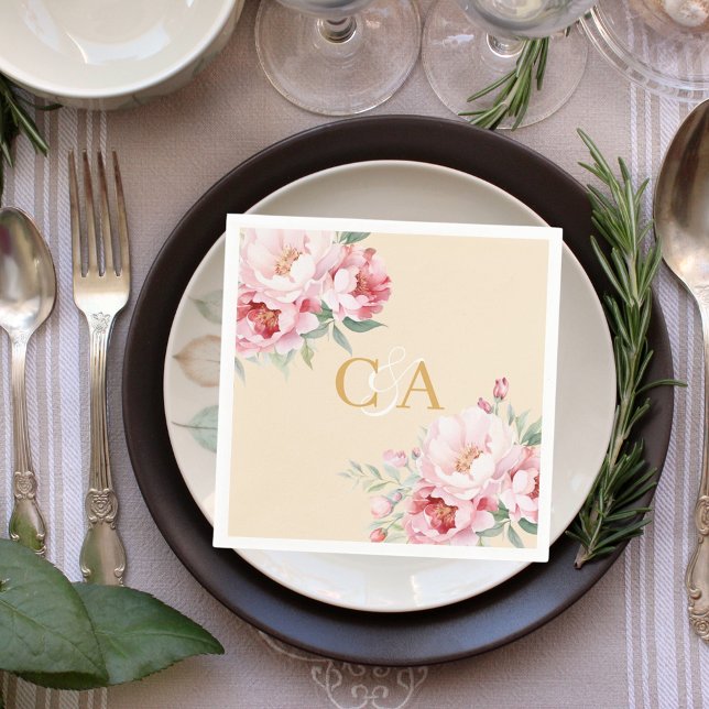 Serviette En Papier Mariage en monogramme beige rose rose pâle (Créateur téléchargé)
